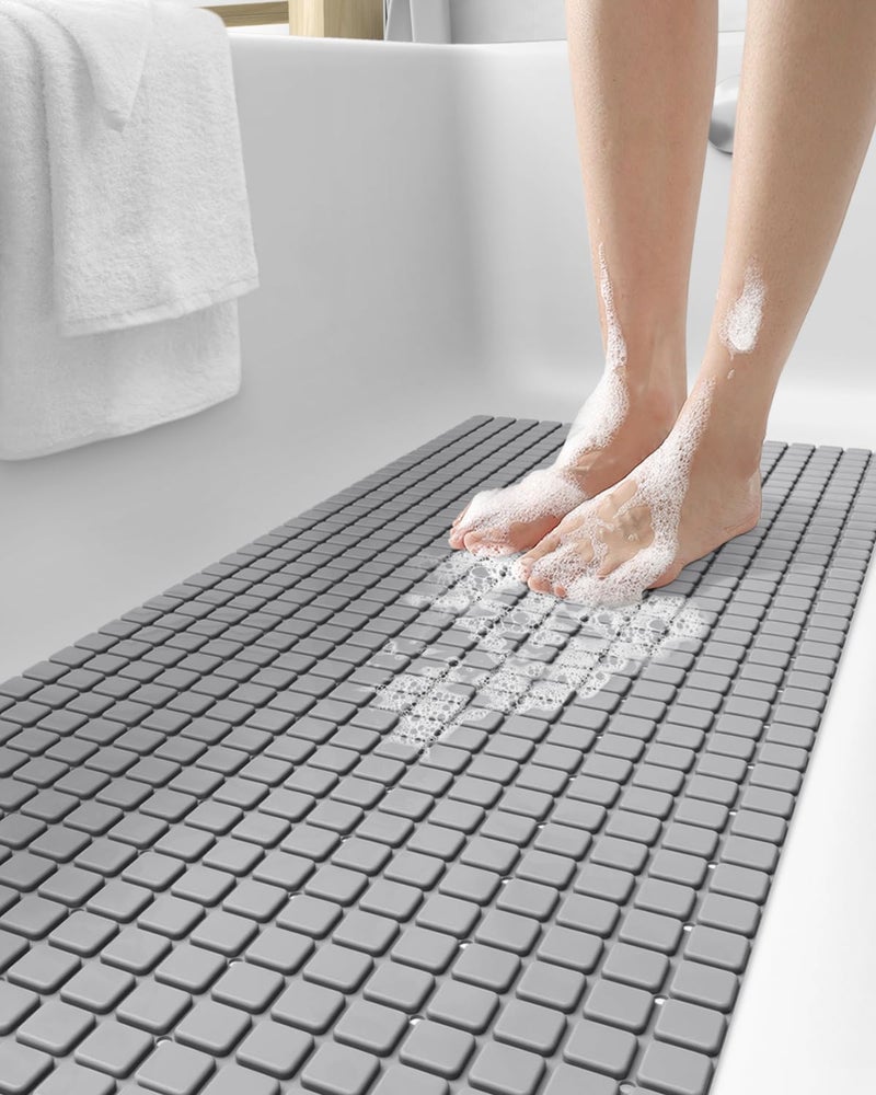 DEXI Bathtub Mat Non Slip  Extra Long 39x16  Suction Cups  Drain Holes  Machine Washable for Tub Shower Floor  Grey - Image 1